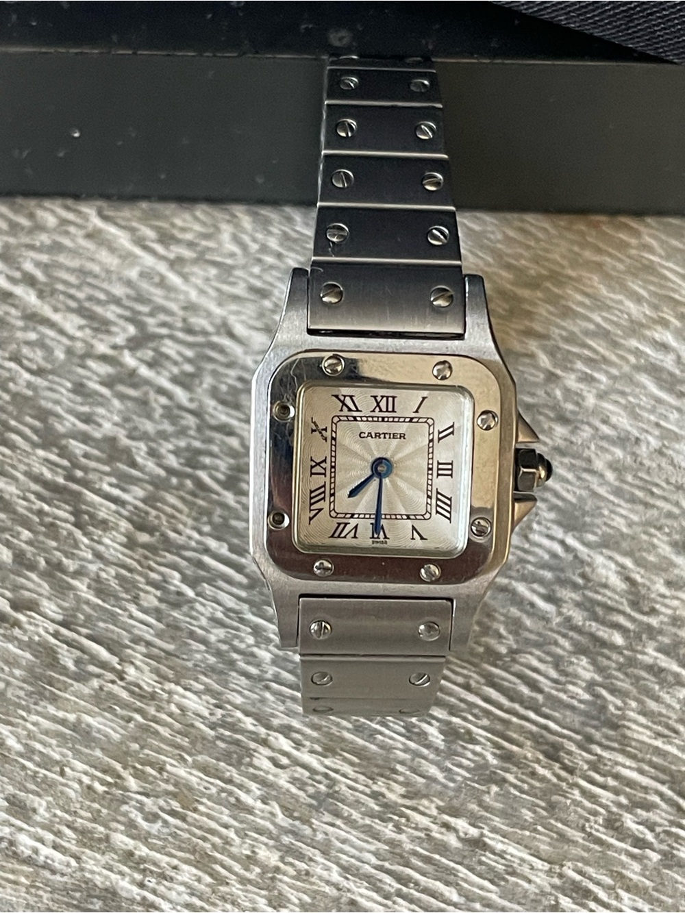 Cartier Silver Stainless Steel Santos Watch with Blue Hands